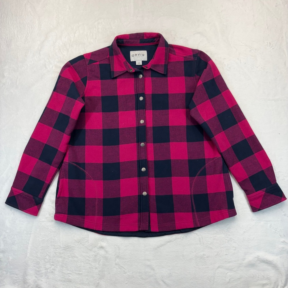 Orvis Classic Collection Pink Navy Buffalo Plaid Fleece Lined Shirt Jacket XL